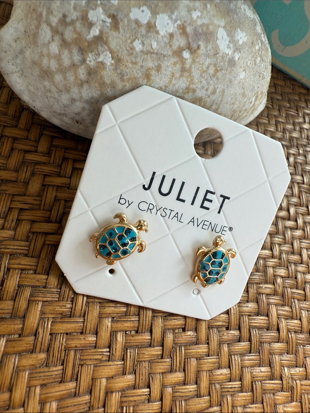 Gold Turtle Stud Earrings with Teal Crystal Shell - Picture 4 of 6